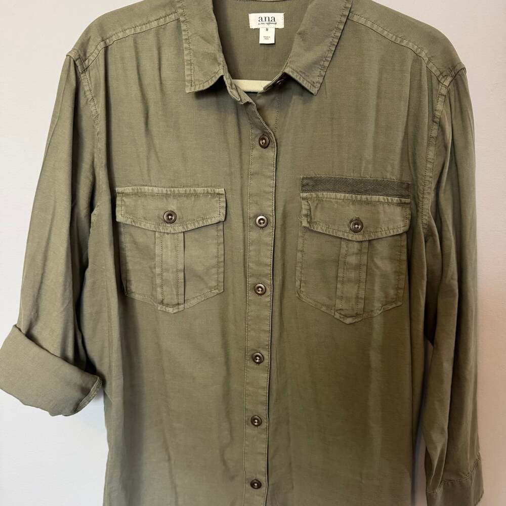 ANA A New Approach Women's Army Green Shirt Top Blouse Size Medium